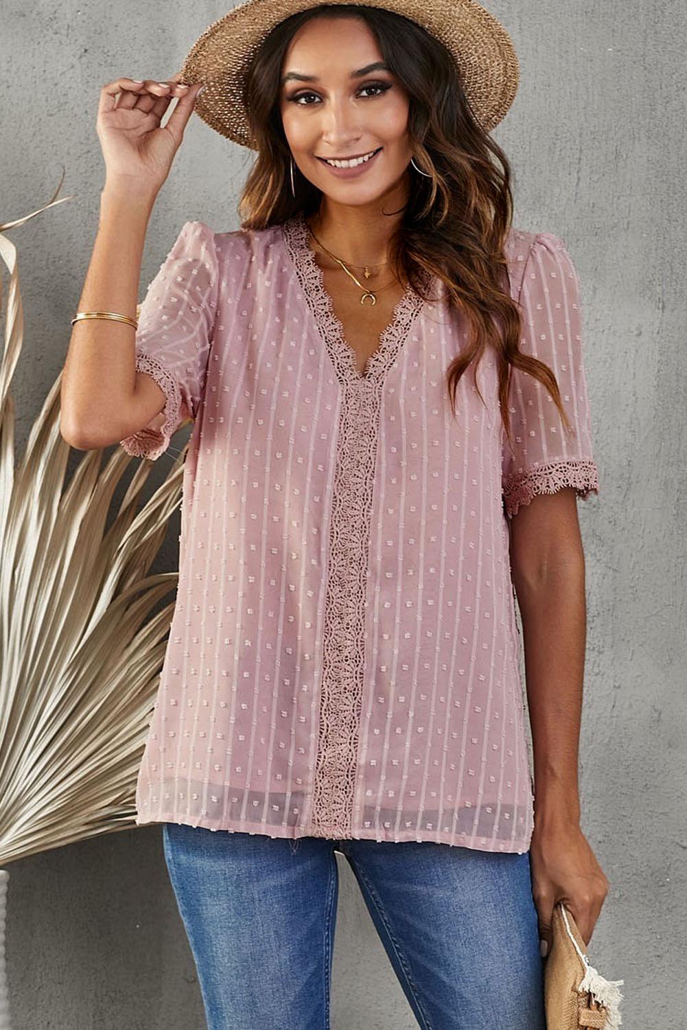 Swiss Dot Lace Trim Plunge Blouse - Flyclothing LLC