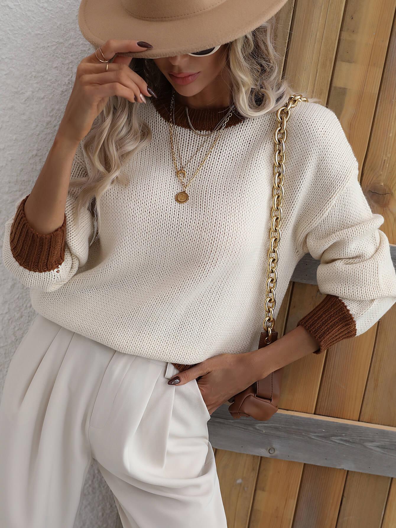 Contrast Trim Drop Shoulder Pullover Sweater - Flyclothing LLC