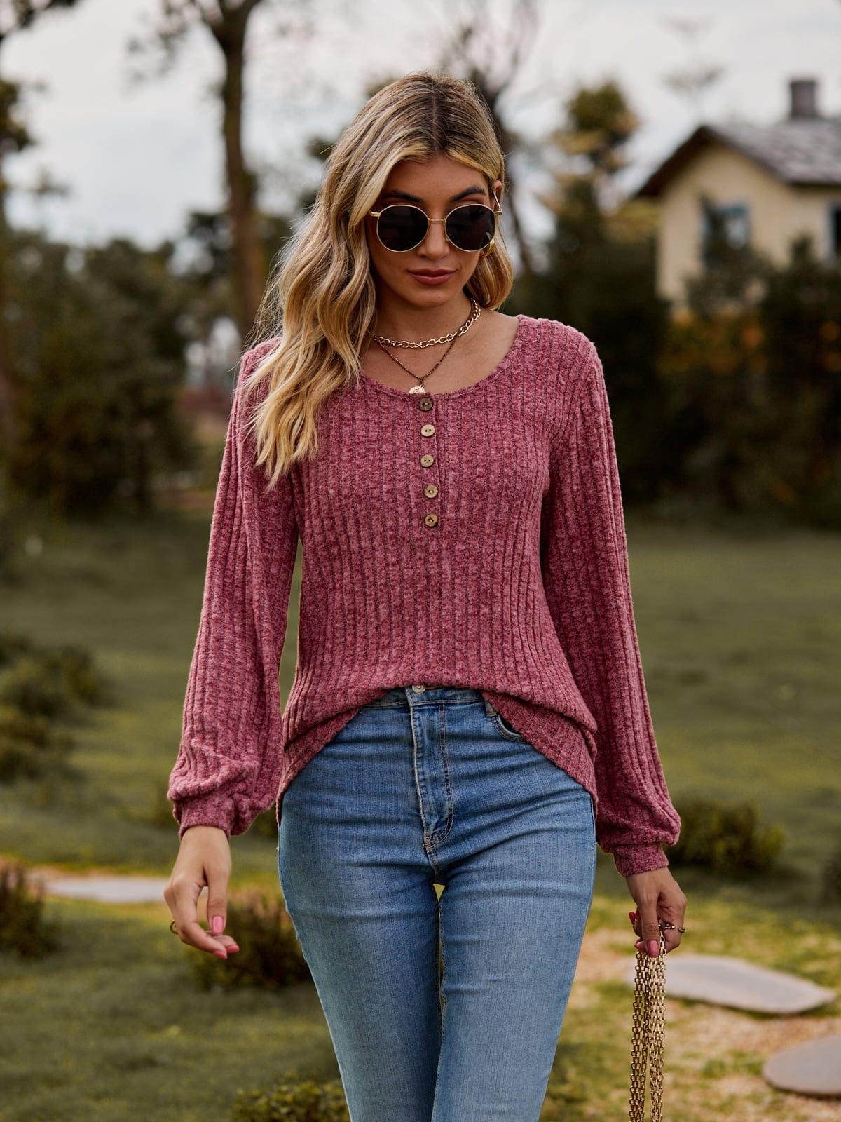 Round Neck Button-Down Long Sleeve Tee - Trendsi