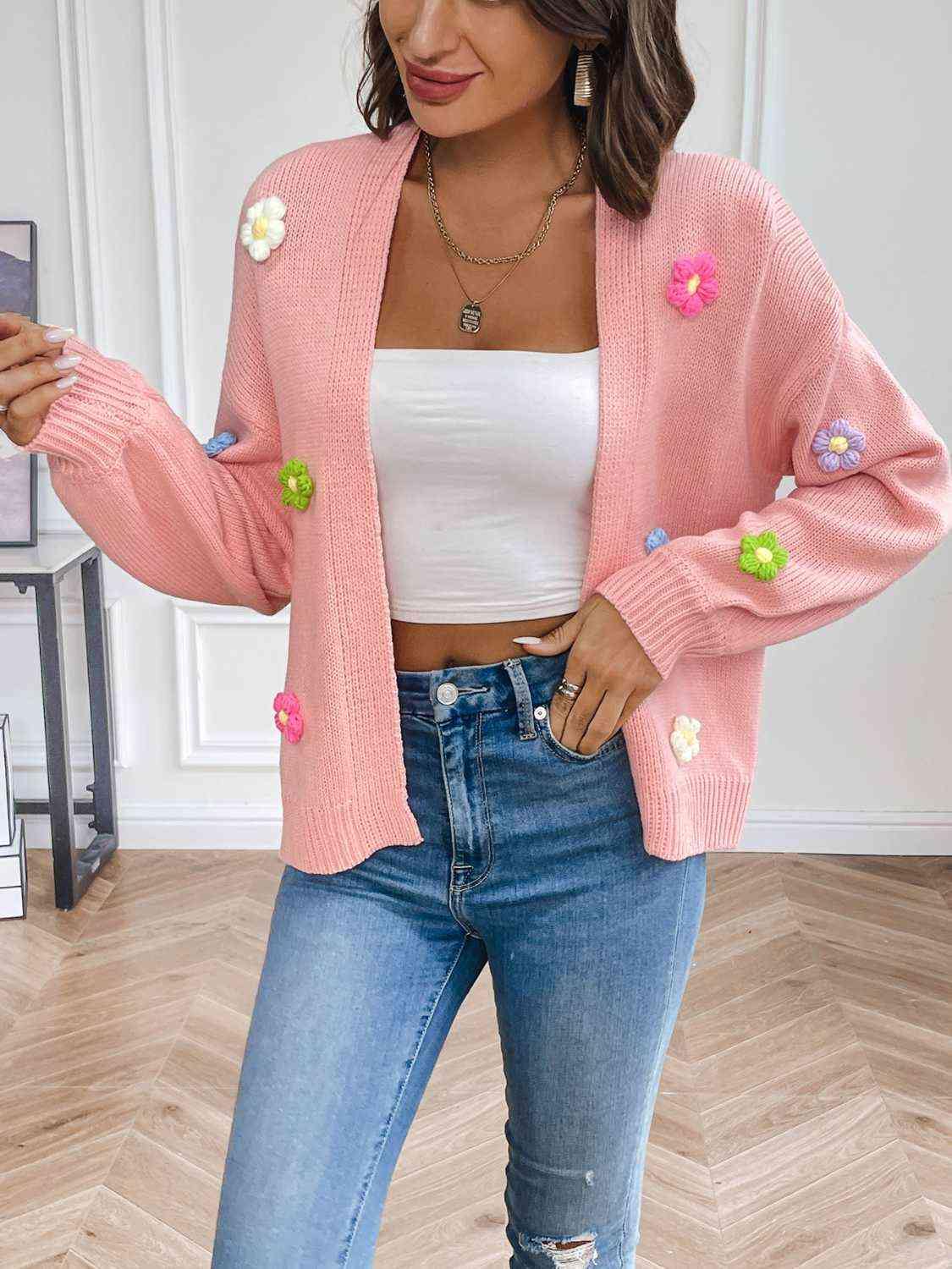 Floral Long Sleeve Open Front Cardigan - Flyclothing LLC