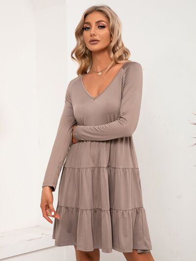 V-Neck Long Sleeve Tiered Dress - Flyclothing LLC