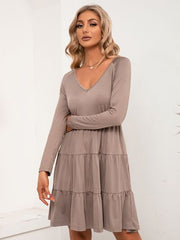 V-Neck Long Sleeve Tiered Dress - Flyclothing LLC