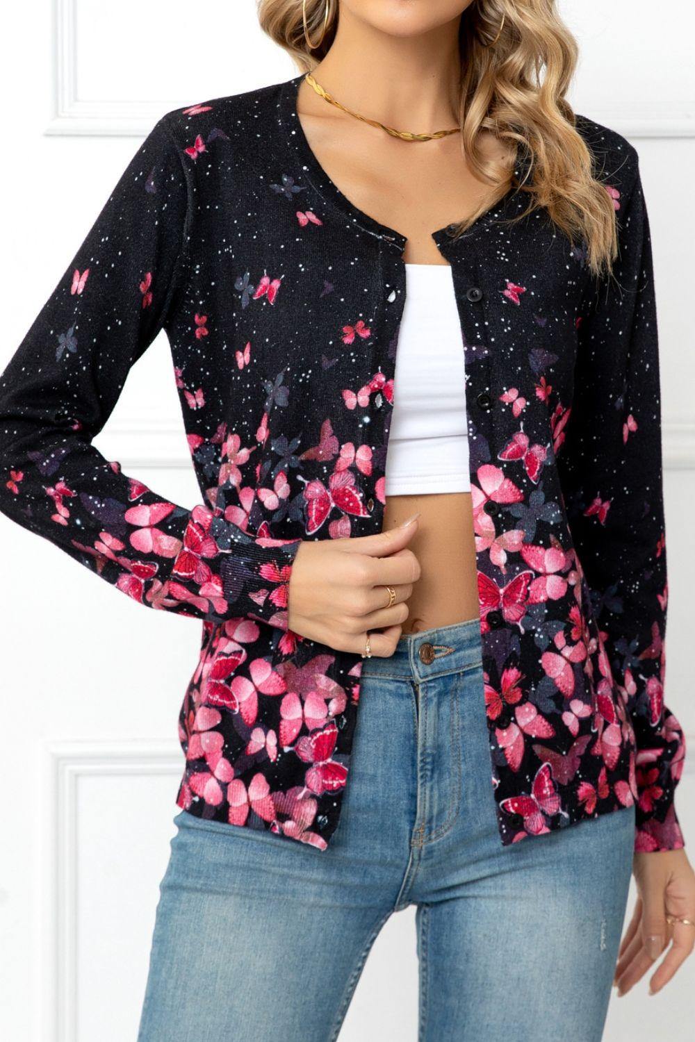 Floral Button Front Round Neck Cardigan - Flyclothing LLC