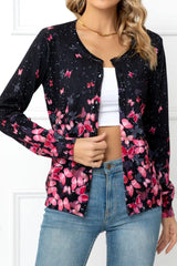 Floral Button Front Round Neck Cardigan - Flyclothing LLC