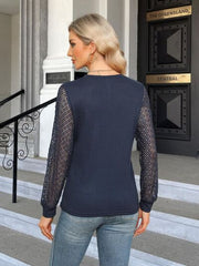 Waffle-Knit Round Neck Long Sleeve Blouse - Flyclothing LLC