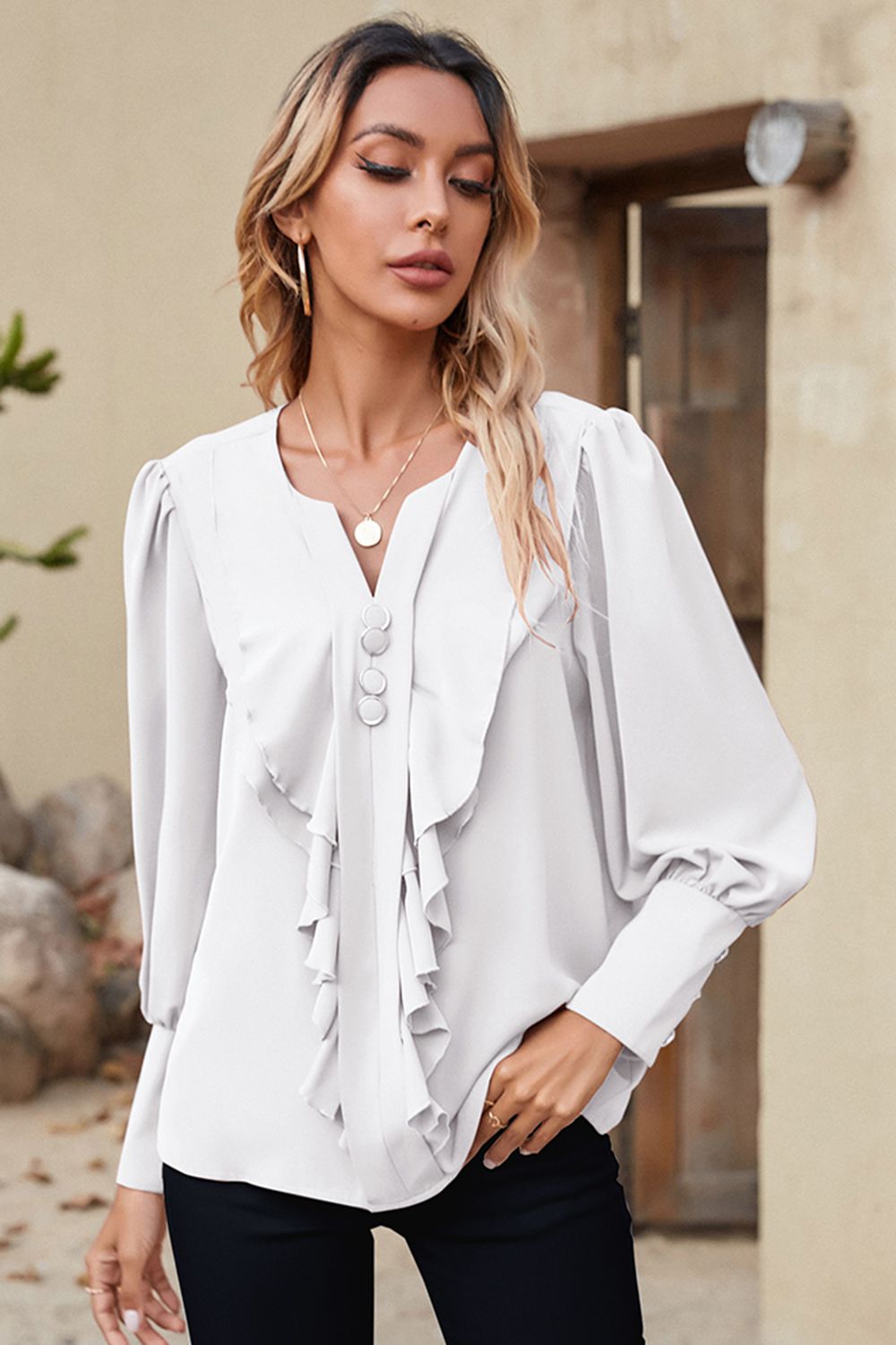 White Long Sleeve Shirt With Ruffles - Viking Warrior