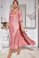 Striped Flounce Sleeve Open Front Robe and Cami Dress Set - Flyclothing LLC