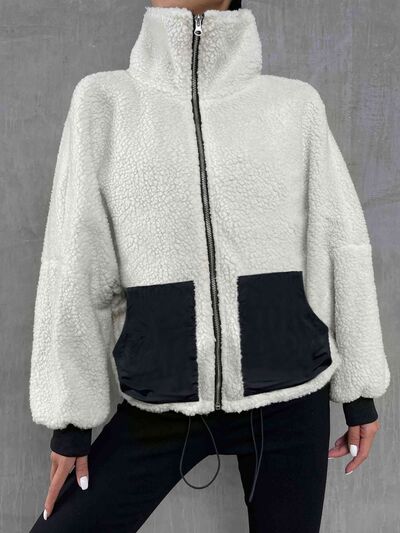 Contrast Drawstring Collared Neck Jacket - Trendsi