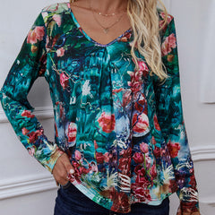 Printed V-Neck Long Sleeve Blouse - Flyclothing LLC