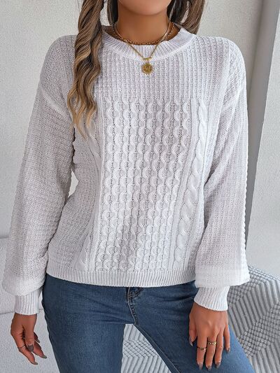 Cable-Knit Round Neck Long Sleeve Sweater - Flyclothing LLC