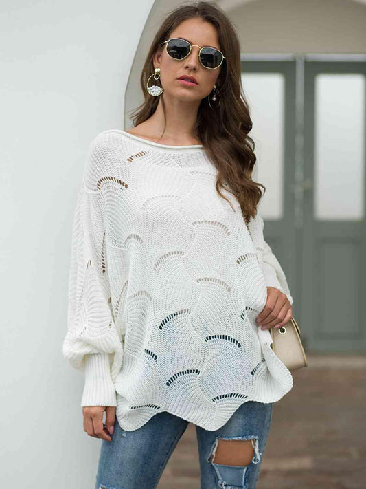 Full Size Boat Neck Lantern Sleeve Openwork Knit Top - Flyclothing LLC