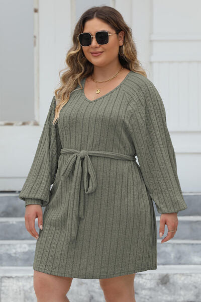 Plus Size Ribbed Tie Front Long Sleeve Sweater Dress - Flyclothing LLC