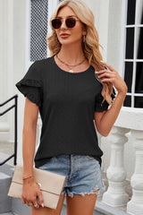 Eyelet Round Neck Petal Sleeve T-Shirt - Flyclothing LLC