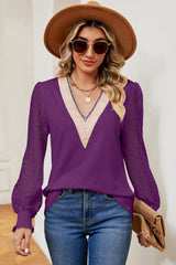 Openwork V-Neck Long Sleeve T-Shirt - Flyclothing LLC