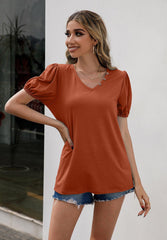 V-Neck Decorative Buttons Puff Sleeve Tee - Flyclothing LLC