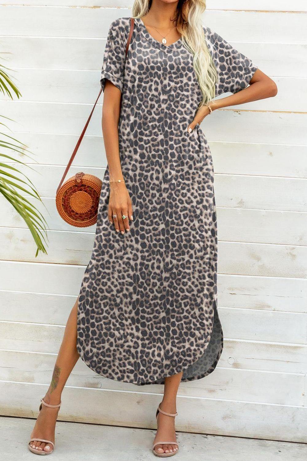 Printed V-Neck Curved Hem Dress - Flyclothing LLC