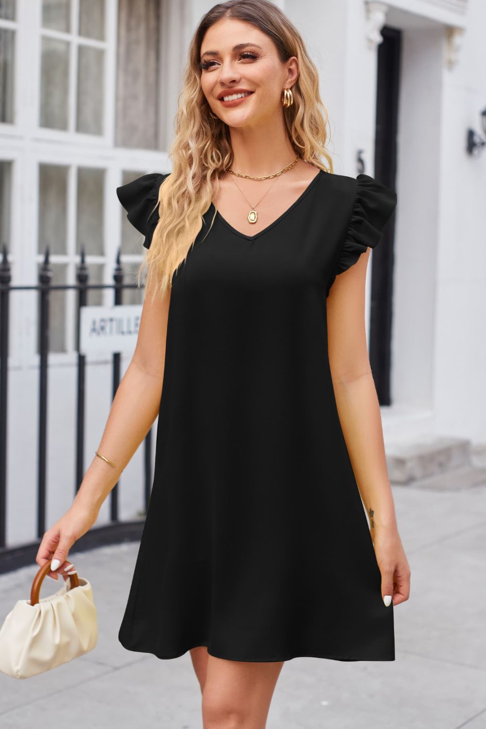 Ruffled V-Neck Flutter Sleeve Dress - Flyclothing LLC