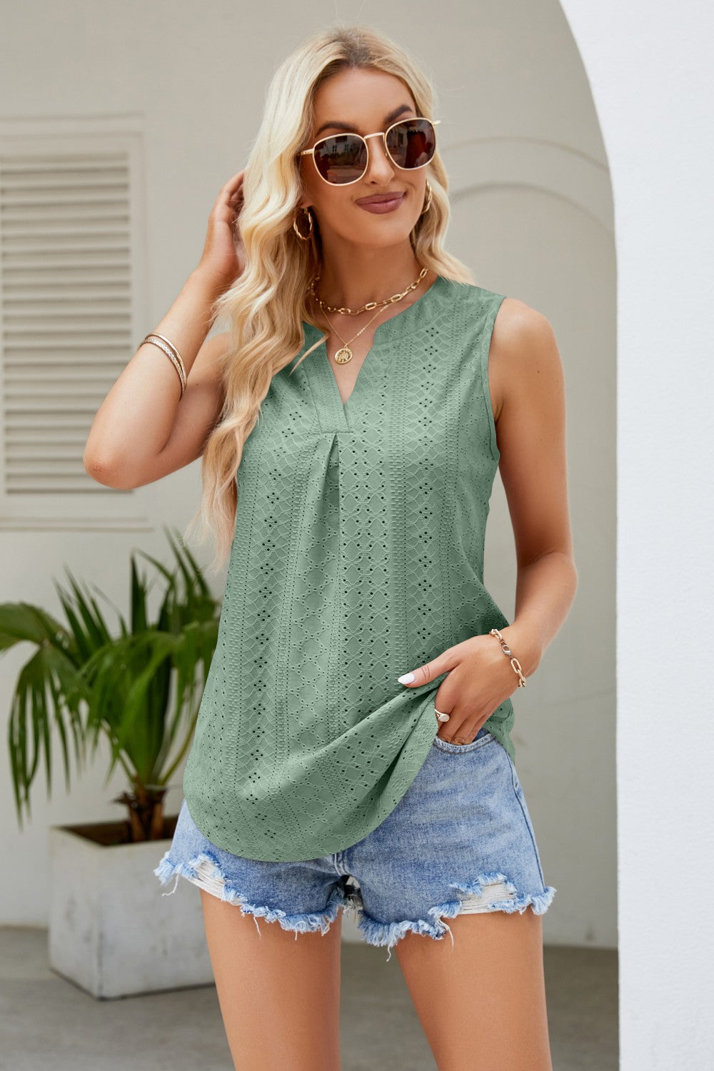 Notched Neck Curved Hem Eyelet Tank - Flyclothing LLC