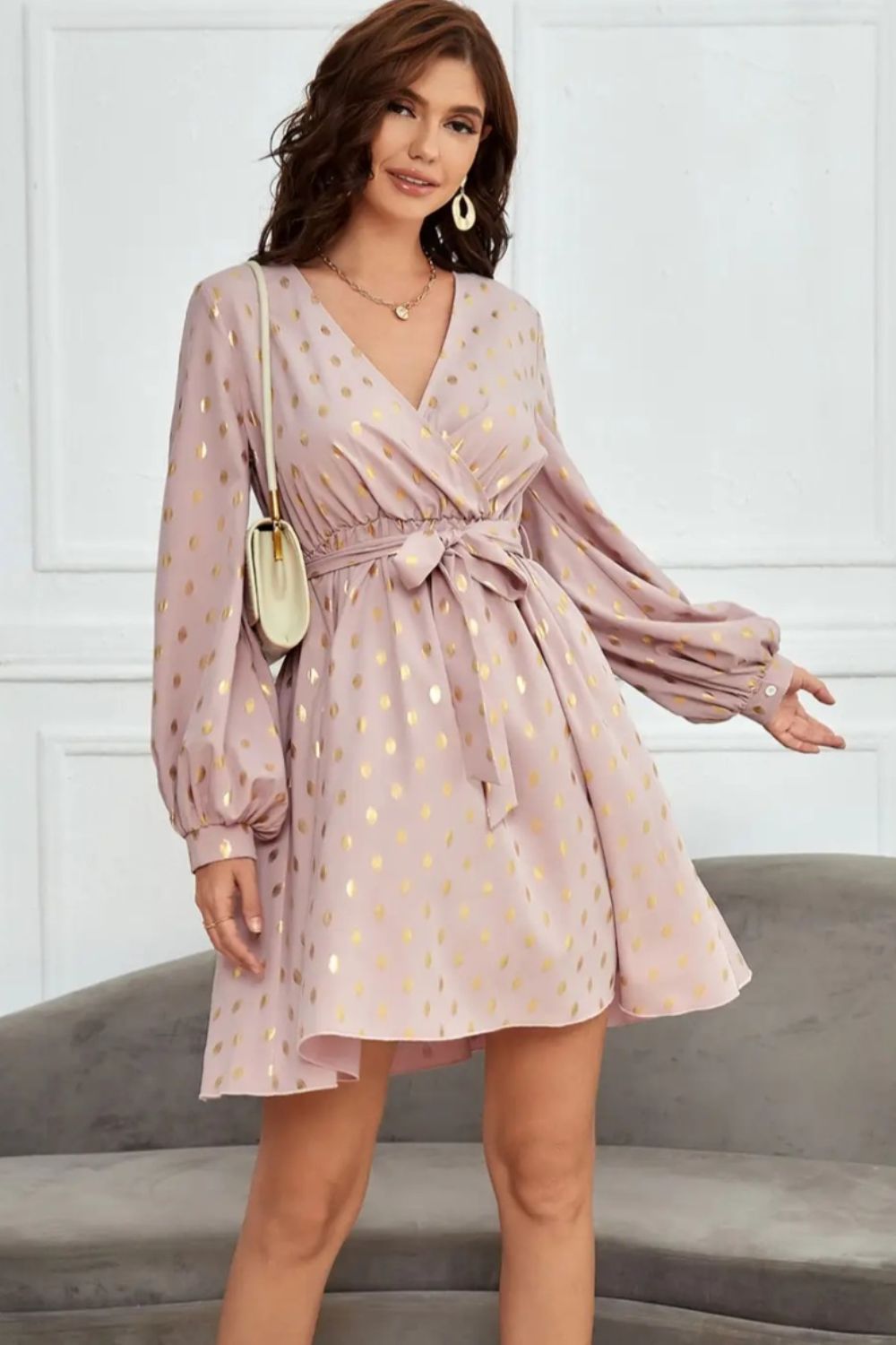 Tied Printed Surplice Long Sleeve Dress - Flyclothing LLC