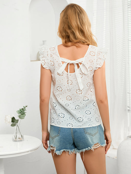 Tie Back V-Neck Eyelet Top - Flyclothing LLC