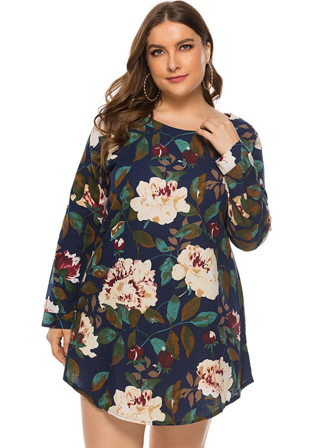 Full Size Floral Long Sleeve Mini Dress - Flyclothing LLC