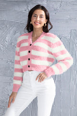 Striped Button Up Cropped Cardigan - Flyclothing LLC