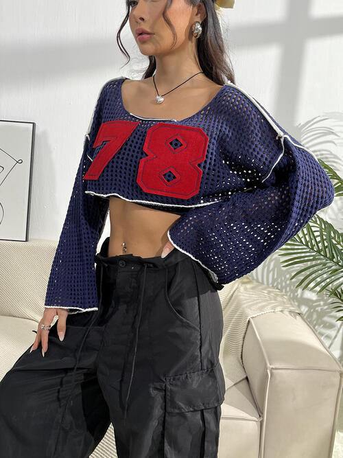 Contrast Patches Long Sleeve Cropped Knit Top - Flyclothing LLC