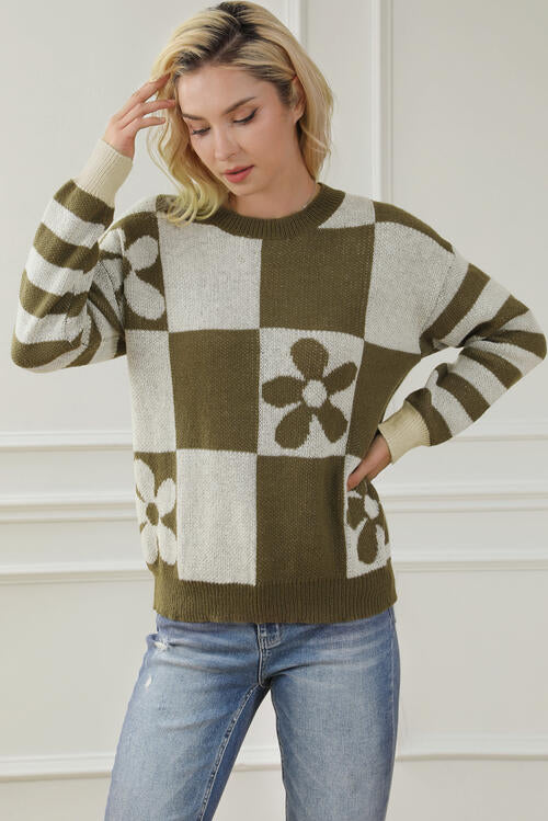 Contrast Round Neck Long Sleeve Sweater - Trendsi