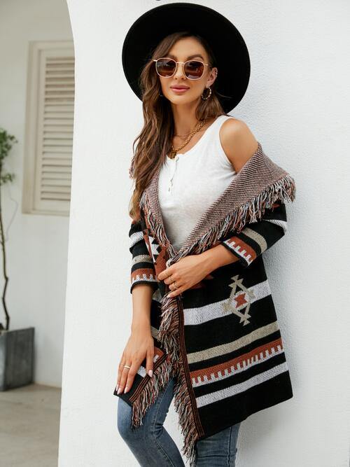 Fringe Geometric Hooded Long Sleeve Cardigan - Flyclothing LLC