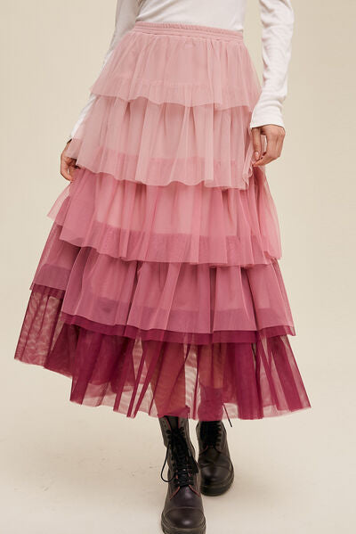 Elastic Waist Layered Tulle Midi Skirt - Flyclothing LLC