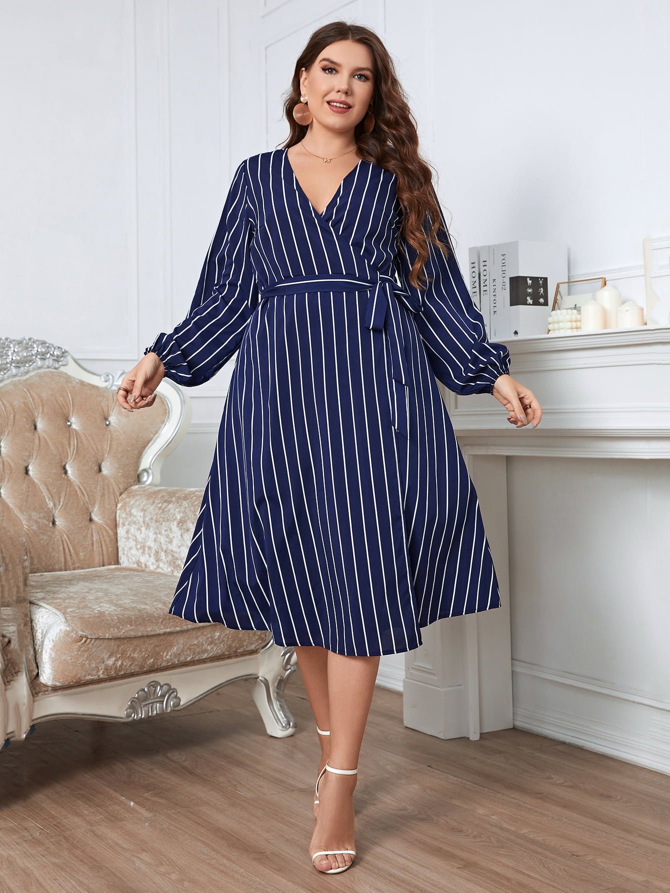 Plus Size Striped Surplice Neck Long Sleeve Dress - Flyclothing LLC