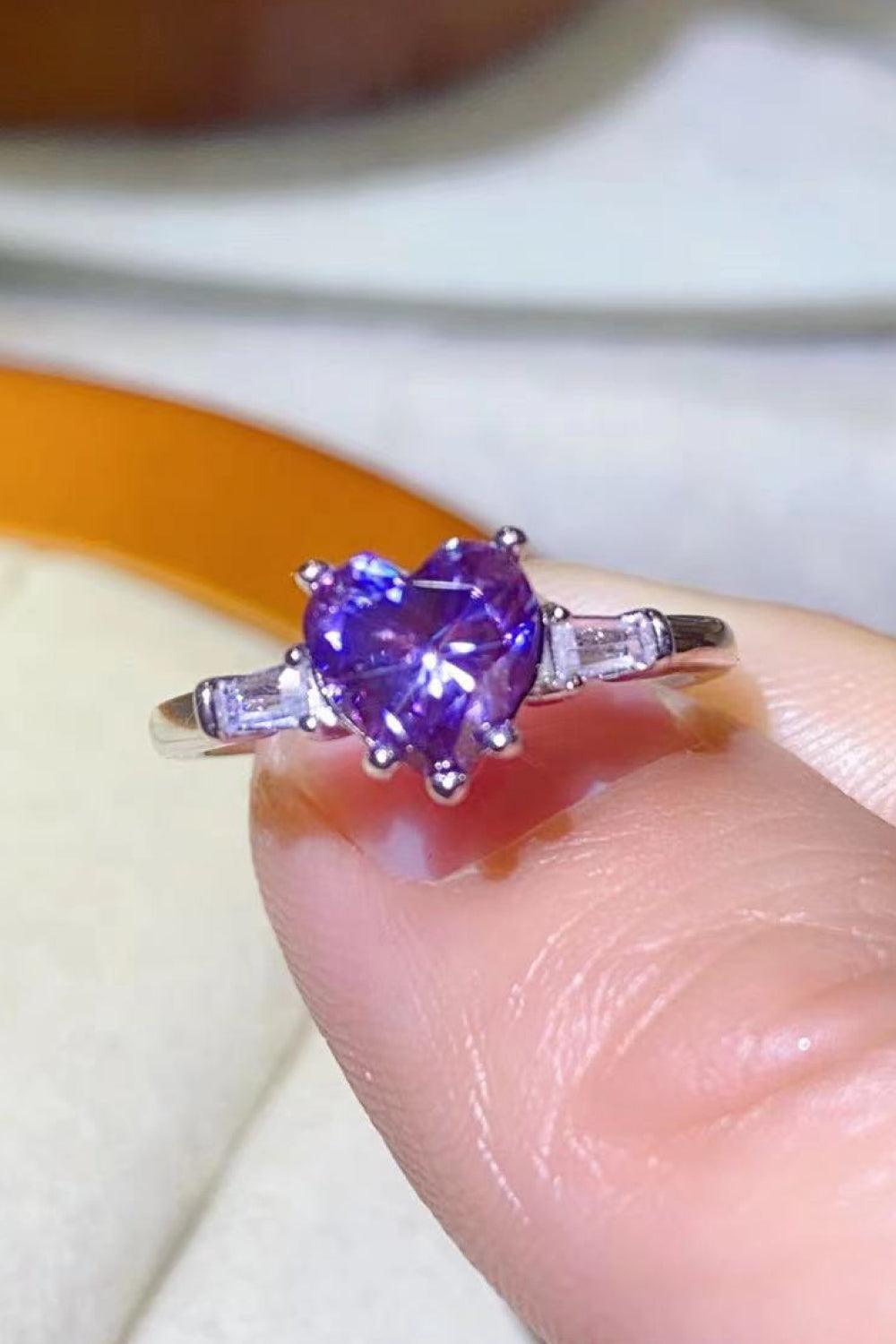 1 Carat Moissanite Heart-Shaped Platinum-Plated Ring in Purple - Trendsi