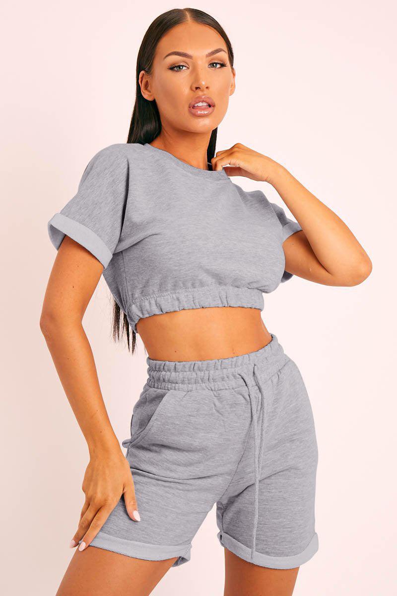 Short Sleeve Cropped Top and Drawstring Shorts Lounge Set - Flyclothing LLC