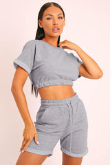 Short Sleeve Cropped Top and Drawstring Shorts Lounge Set - Flyclothing LLC