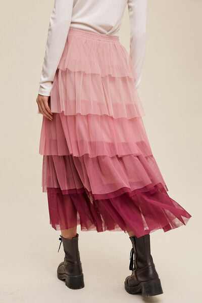 Elastic Waist Layered Tulle Midi Skirt - Flyclothing LLC