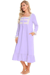 Lace Detail Square Neck Flounce Sleeve Night Dress - Flyclothing LLC