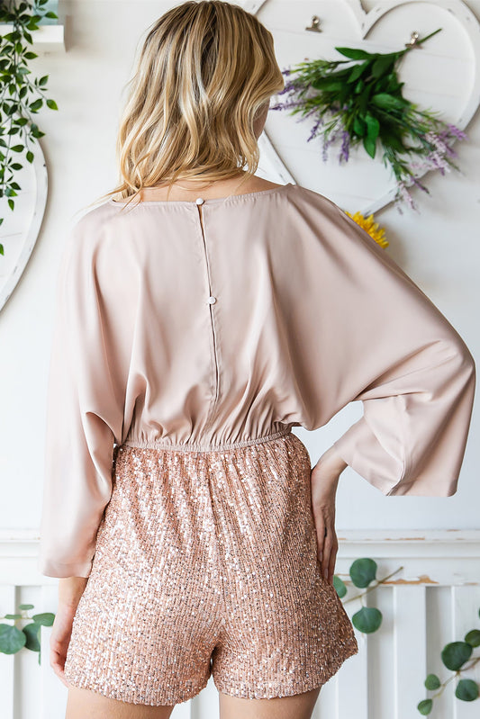 Sequin Drawstring Waist Dolman Sleeve Romper - Flyclothing LLC