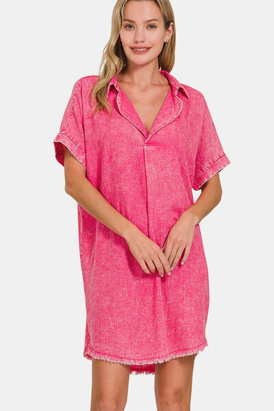 Zenana Washed Linen V-Neck Raw Hem Dress - Flyclothing LLC