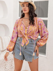 Plus Size Tie Neck Tassel Printed Blouse - Flyclothing LLC