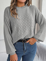 Cable-Knit Round Neck Long Sleeve Sweater - Flyclothing LLC