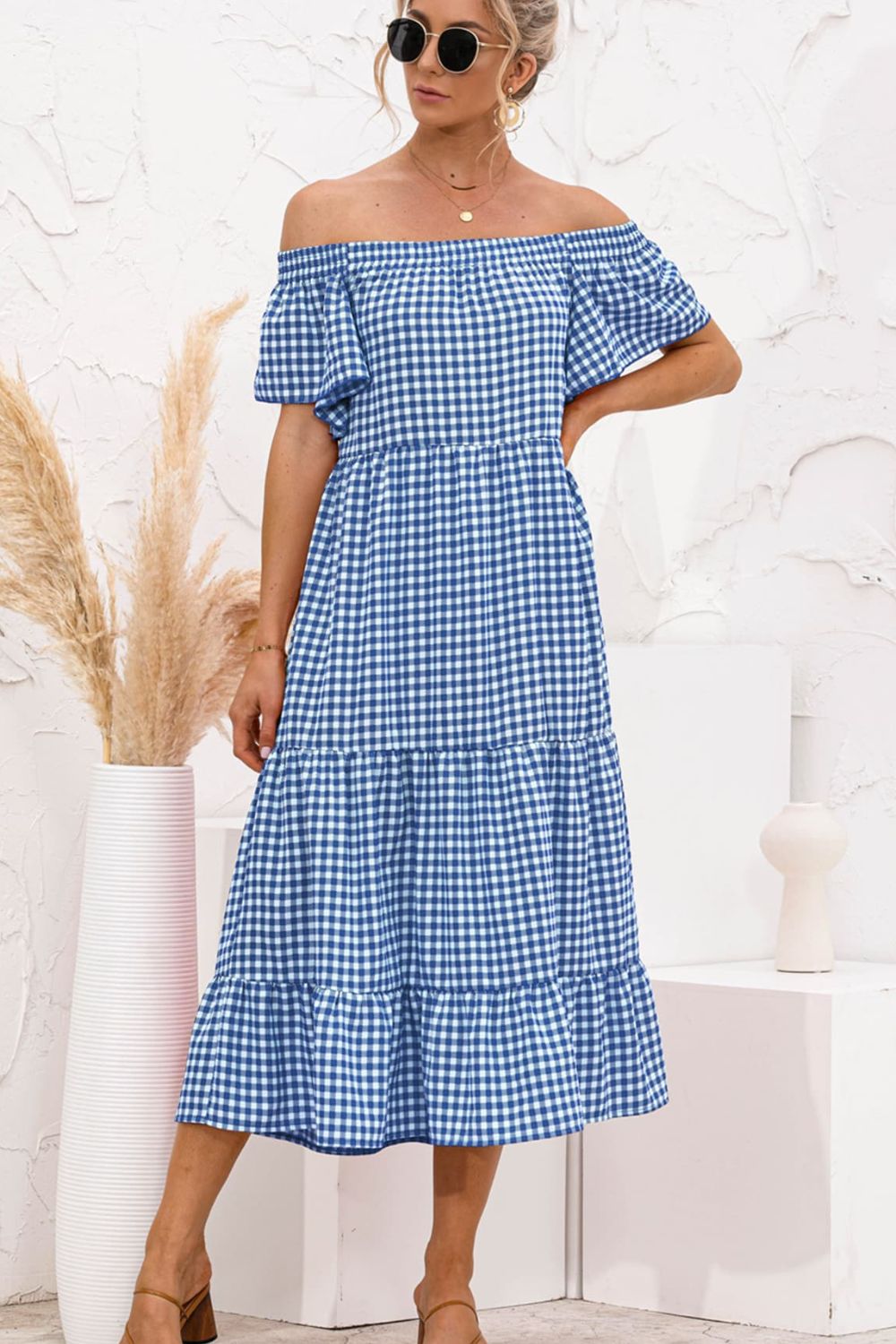 Plaid Off-Shoulder Tiered Midi Dress - Flyclothing LLC