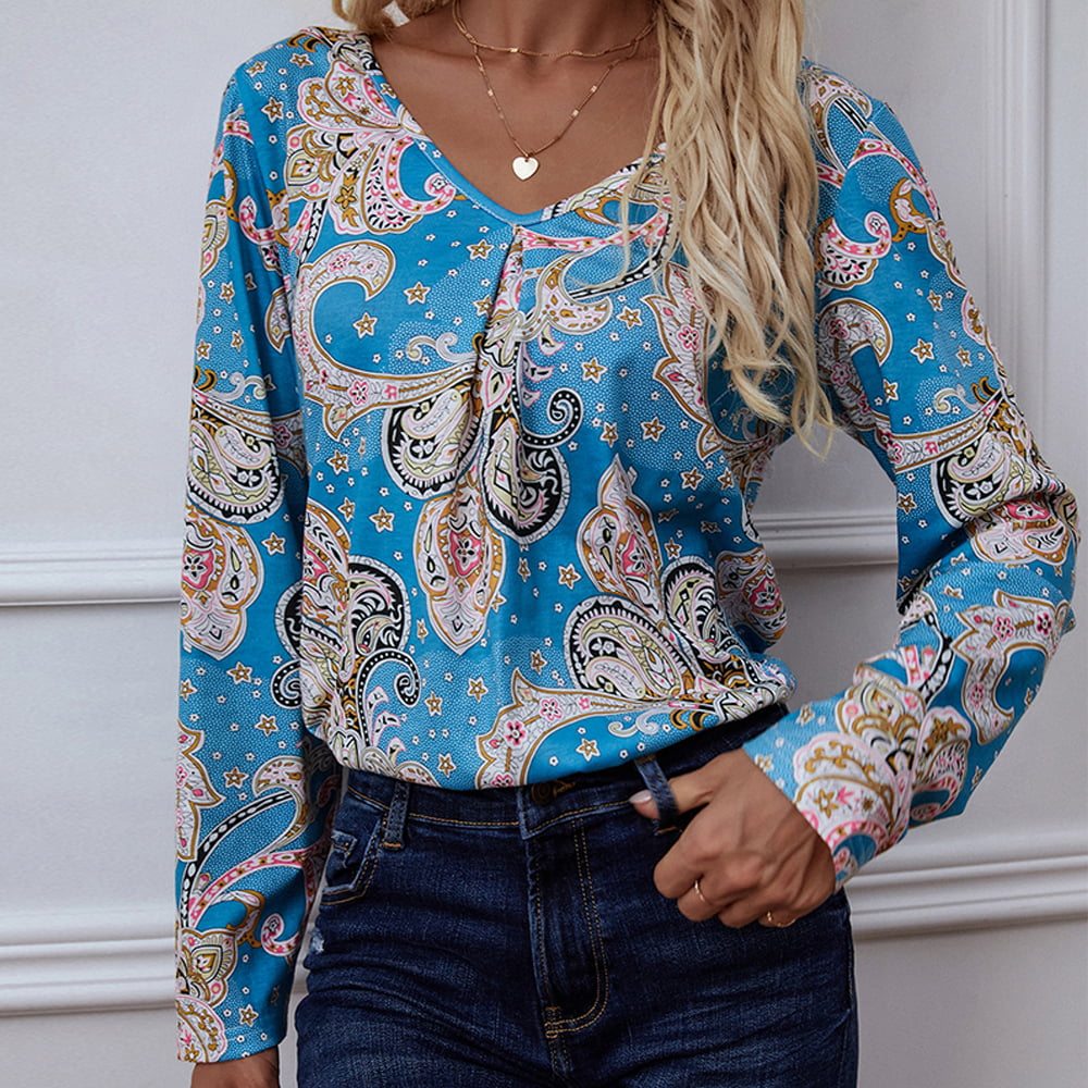 Printed V-Neck Long Sleeve Blouse - Flyclothing LLC