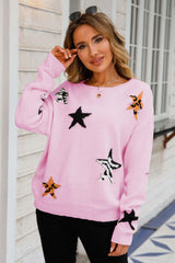 Star Pattern Round Neck Dropped Shoulder Sweater - Flyclothing LLC