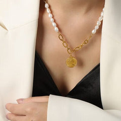 Coin pendant Pearl Titanium Steel Necklace - Trendsi