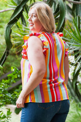 Plus Size Striped Round Neck Ruffled Tank - Flyclothing LLC