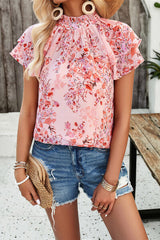 Printed Ruffled Mock Neck Blouse - Flyclothing LLC