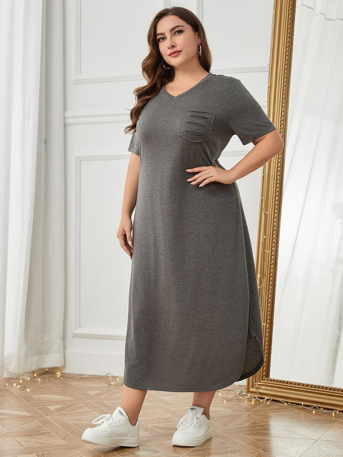 Plus Size Pocketed V-Neck Short Sleeve Lounge Dress - Flyclothing LLC