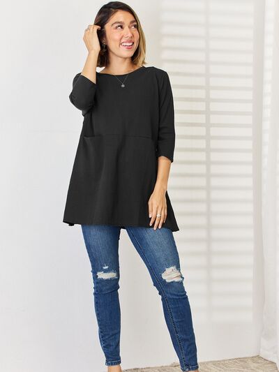 Pocketed Round Neck Half Sleeve Blouse - Flyclothing LLC