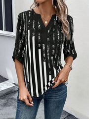 Striped Notched Half Sleeve Blouse - Flyclothing LLC