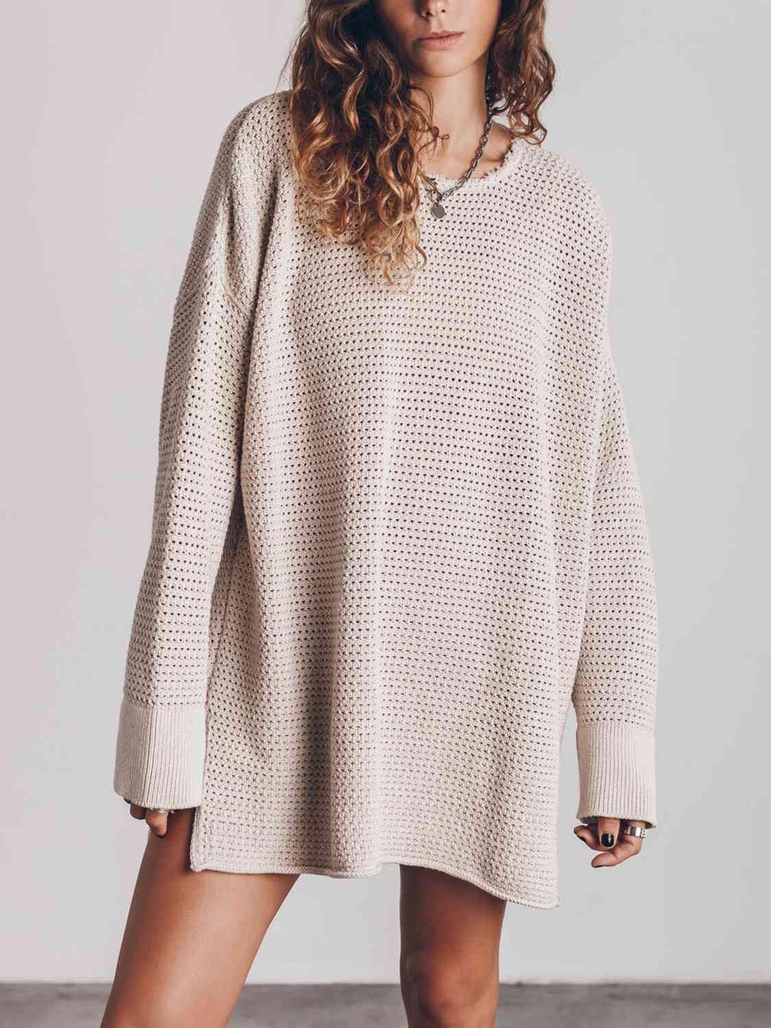 Openwork Round Neck Long Sleeve Slit Sweater - Flyclothing LLC